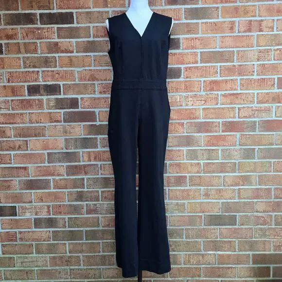 Spanx Perfect Sleeveless Jumpsuit Large Petite LP Black Stretch Ponte Knit Vneck - Picture 1 of 10